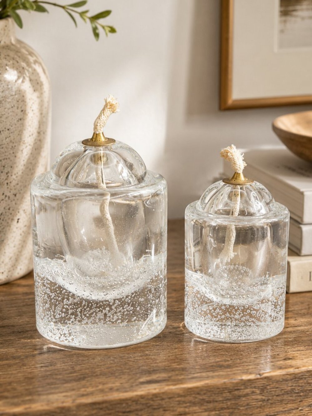 VTG Unique Bullicante Elegant Art Glass Oil Lamp Set Clear Bubble Glass Pair
